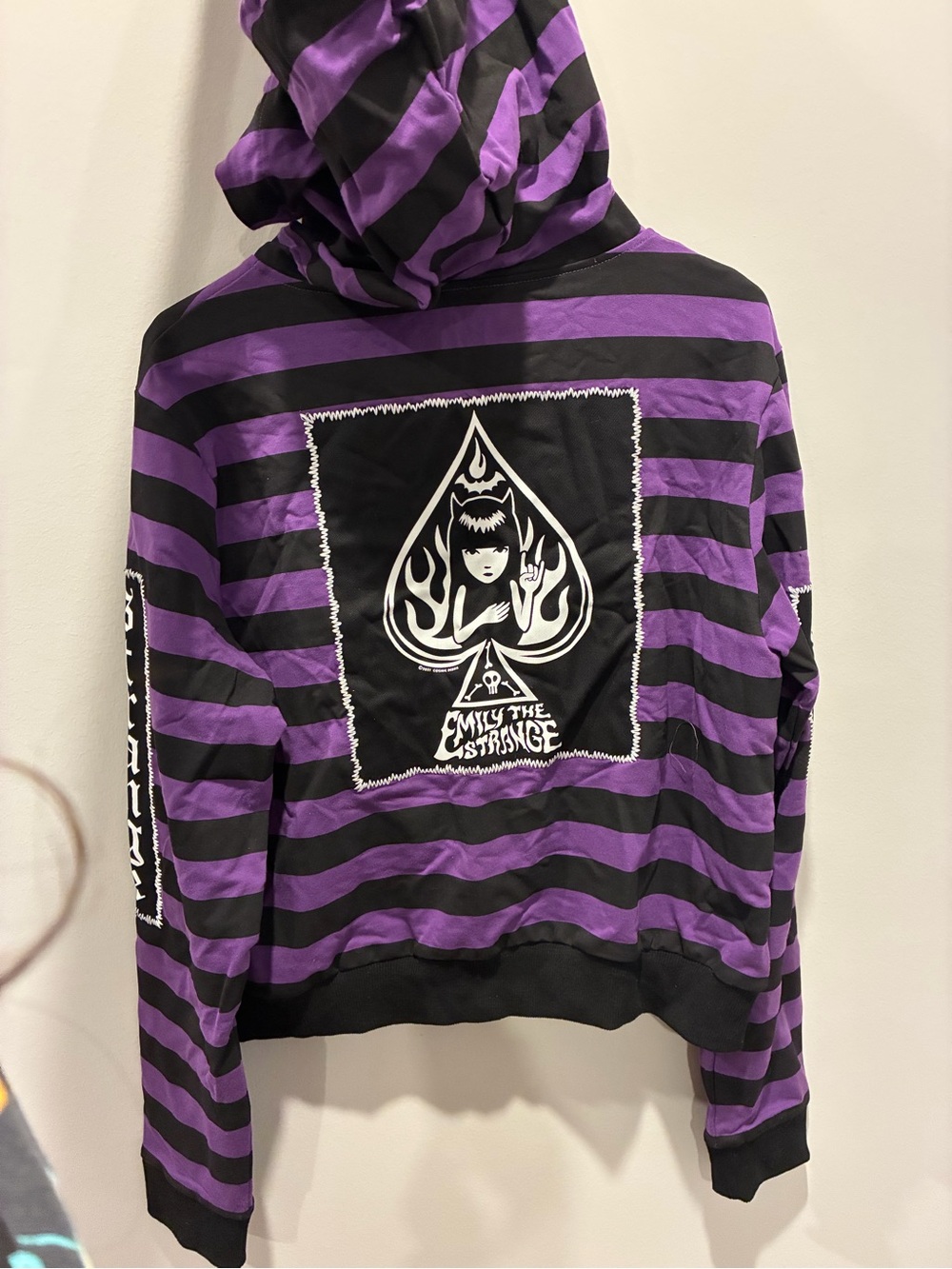 Dolls Kill Purple & Black Striped Hooded Zip Jacket with Punk Patches - Picture 2 of 2